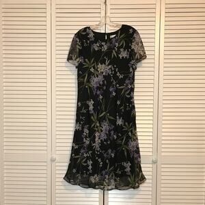 Peri Petites Vintage Floral Round Neck Sheer Short Sleeve A-line Midi Dress 16P